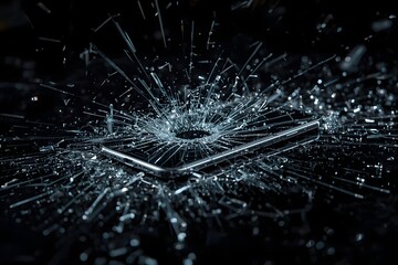 Broken smartphone screen is exploding with glass shards flying everywhere.