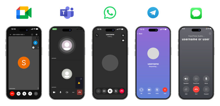 Video Call Mockup on iPhone &ndash; Google Meet, Microsoft Teams, WhatsApp, Telegram, and FaceTime Video Calling Interface UI Design.