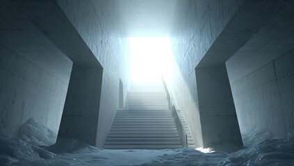 Obraz premium Stairway leads to bright light in a stark, icy tunnel.