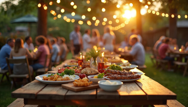 Outdoor picnic party scene with friends gathered around tables laden with food. String lights glow as sun sets. People enjoy a festive summer evening together, celebrating with a meal. - Powered by Adobe
