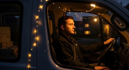 Dedicated delivery driver working late at night, his van interior softly illuminated by festive string lights while navigating urban streets