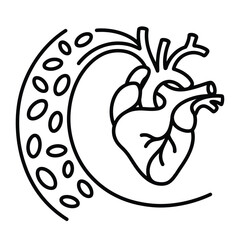 Stylized line art of human heart and artery with blood cells