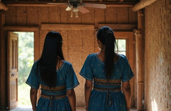 Two indigenous women stand in traditional blue dresses inside rustic wooden hut, looking towards open doorway with sunlight streaming in. Appear to from Panama, possibly part of Embera Wounaan