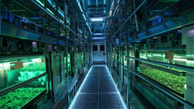 Urban vertical farming technology innovation futuristic greenhouse interior design high-tech environment aisle perspective sustainable agriculture