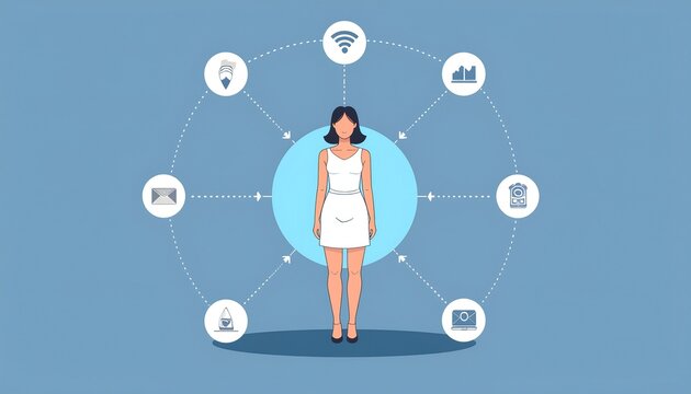 User silhouette at the center of radiating arrows pointing to DeFi, NFT, and DAO apps. User-centric Web3 flat concept