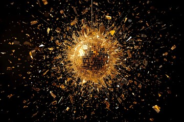 Golden disco mirror ball breaking into fragments.