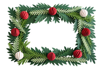 Christmas Paper Craft Frame with Green Pine Branches and Red White Ornaments – Holiday Greeting Card Template on Light Background