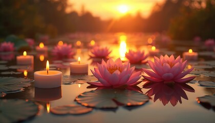 Pink lotus flowers, candles float on serene water at sunset. Calm lake reflects vibrant sky. Peaceful scene with blooming flowers, lit candles creates tranquil atmosphere. Nature beauty shines in