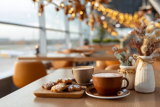 A cozy cafe corner inside an airport terminal with gingerbread cookies, two coffee cups, and holiday string lights in the background suggesting winter travel, Christmas, and relaxation