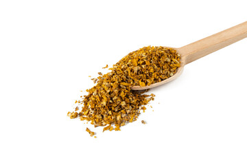 Mullein or Verbascum dried flowers on wooden spoon isolated on white background. Used in herbal medicine