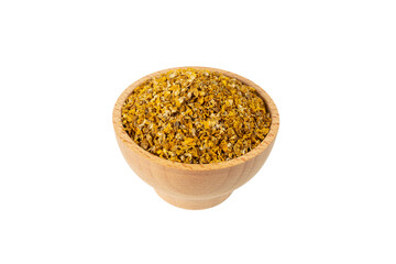 Mullein or Verbascum dried flowers in wooden bowl isolated on white background. Used in herbal medicine.