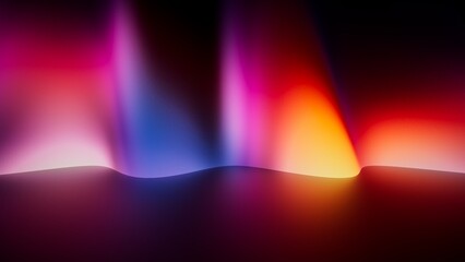 3D render illustration of folds of orange, blue, and magenta laser light ripple, creating a fluid sculpture in a glassy, reflective space.