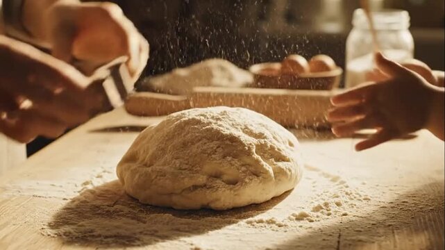 Warm, lifestyle shot depicts an adult's hand and a child's hand working together on a wooden countertop, perhaps kneading dough or using a cookie-cutter.