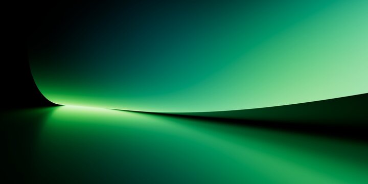 Electric green arc over glossy waves with horizon glow and cyber shine. Futuristic banner backdrop for ads and headers that grabs instant attention. 3d render illustration.