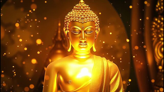 A golden statue of Buddha, illuminated by divine light, promotes mindfulness and serenity.