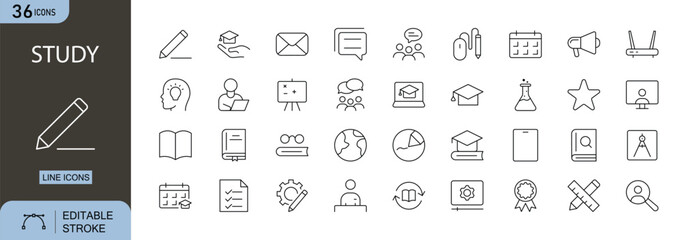 study icons in line style. Education, knowledge, teacher, class room, study, language, collection. Vector illustration. outline icons.