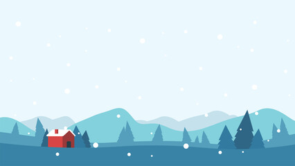 Flat winter landscape vector background illustration. Minimalist Christmas scene with a small red house, snowy pine trees, and hills. Ideal for holiday greeting cards and festive banners