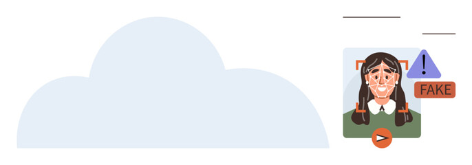 AI evaluates user face, highlights fake detection with alert icon and orange label. Ideal for security, verification, AI ethics, deepfake awareness, cloud computing, online safety, digital trust