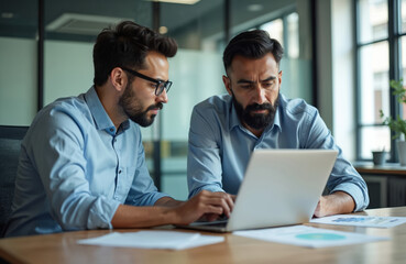 Two male colleagues collaborating on laptop in office. One man with glasses types, looks intently at screen. Review data charts on table. Busy professionals planning strategy, working together.