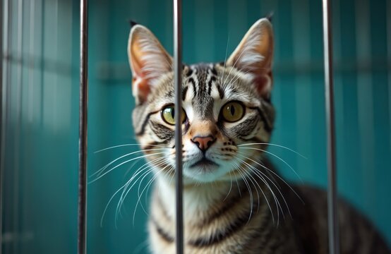 Cat sits in cage looking at camera. Animal rescue concept. Sick pet awaits vet assistance in clinic. Homeless kitten looks sad. Veterinary support for feline in shelter.