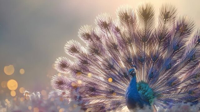 Majestic peacock displaying vibrant feathers in a natural habitat beautiful bokeh background close-up perspective wildlife beauty