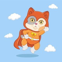 Fototapeta premium Superhero cat kids cartoon character wearing orange suits flying in the sky