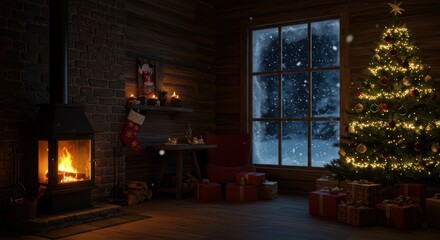 Cozy Christmas Eve Room With a Crackling Fireplace and Snowing Window