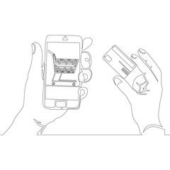 Continuous one single line drawing Smartphone with shopping cart on screen in one hand and credit card in the other symbolizing online shopping concept