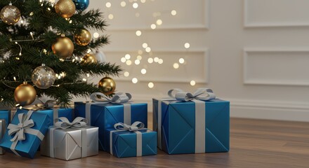 Christmas Tree Decorated With Ornaments And Presents Underneath With Lights