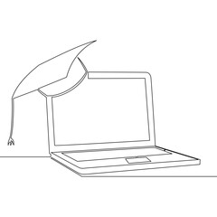 Continuous one single line drawing Laptop with graduation cap symbolizing online education and e learning success icon vector illustration concept
