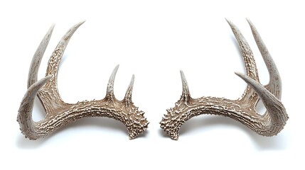 Fototapeta premium Naturally shed deer antlers with detailed texture and intricate patterns isolated on pure white background, ready for design projects and creative use.
