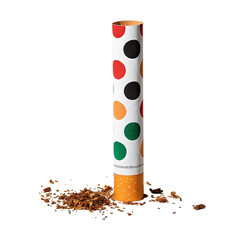 Colorful Polka Dot Cigarette Tube with Scattered Tobacco on White Background – Creative Smoking Concept