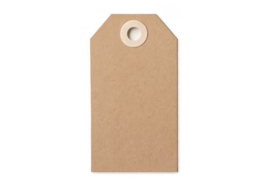 Blank kraft paper tag with white eyelet, offering copy space for prices, labels, or sales information, transparent background