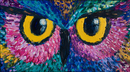 Colorful abstract owl eyes close-up in textured oil painting