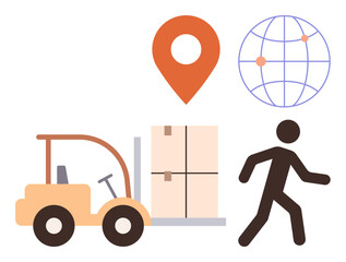Forklift moving boxes, orange location pin, globe marked with points, and walking figure illustrating global transportation, delivery, distribution, supply chain, freight, e-commerce networking
