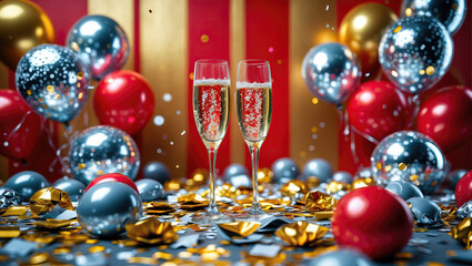 Celebratory toast with champagne glasses, metallic balloons, and gold confetti