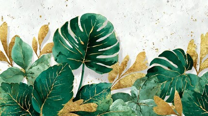 Lush tropical monstera leaves with gold accents on textured background, creating elegant botanical composition for home decor and design projects.