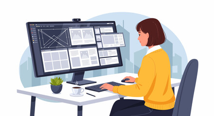 Woman Working On Computer Creating Website Wireframe At The Office