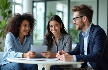 Diverse colleagues meet at round table in office. People smile, discussing project using digital tablet. Business team brainstorms, collaborates on ideas for startup company strategy.