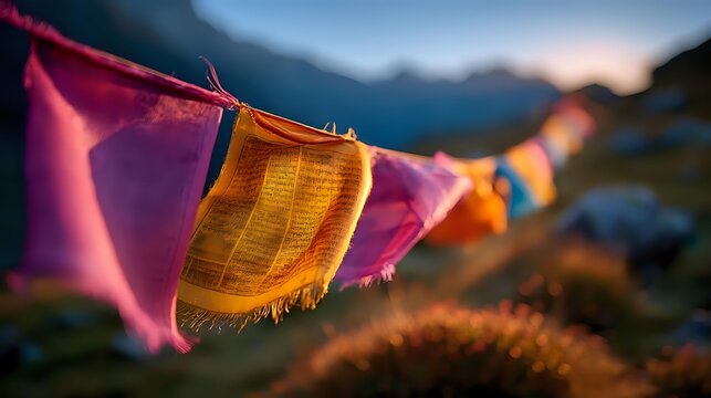 Colorful Tibetan prayer flags fluttering in mountain breeze at sunset, symbolizing peace and spiritual blessings in Himalayan landscape.