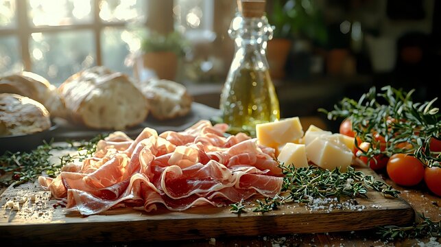 Thinly sliced prosciutto with cheese cubes, cherry tomatoes, and herbs on wooden board, olive oil and rustic bread in background.