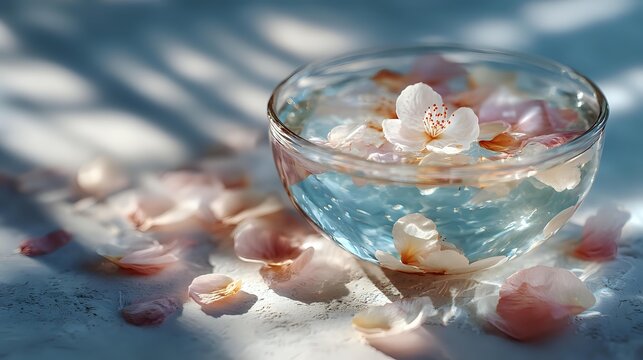 Transparent glass bowl filled with colorful healing crystals and gemstones in soft sunlight with shadow patterns, for spiritual wellness practices. - Powered by Adobe
