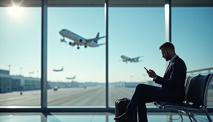 Man in suit sits at airport lounge, uses smartphone. Airplanes take off, land outside large window. Businessman waits for flight, checks phone, briefcase nearby. Travel, business lifestyle concept.