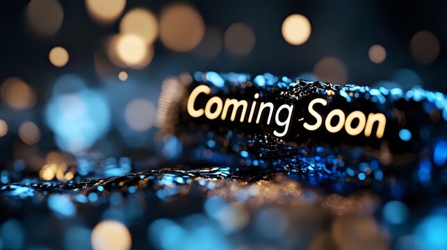 Glowing "Coming Soon" text on dark background with blue bokeh lights creating anticipation for upcoming product launch or event announcement.
