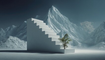 White stairs rise amidst frozen mountains with a small plant.