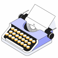 blue Mint vintage typewriter portable retro with paper hand drawn vector art illustration