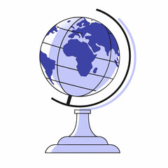 A blue globe illustration with white outlines of continents, displayed on a stand, representing geography, education, or global concepts.