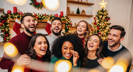 Group of friends celebrating Christmas with laughter and festive decorations in a cozy living room.