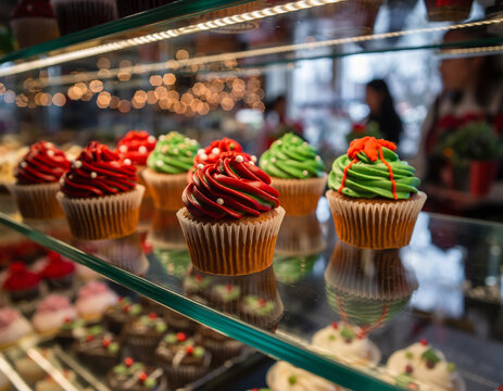 Close-up of Christmas cupcakes with red and green icing in cake shop display