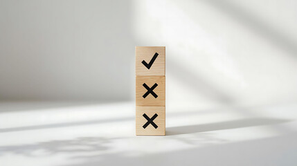 Wooden cubes with check and cross icons representing checklist, task completion, productivity, business planning, minimal workspace background